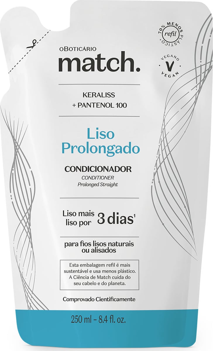 Refil de condicionador Match Liso Prolongado em sachê de 250ml nas cores azul e branca com letras pretas.