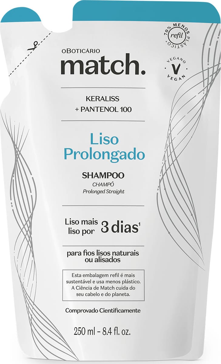 Refil de shampoo Match Liso Prolongado em sachê de 250ml nas cores azul e branca com letras pretas.