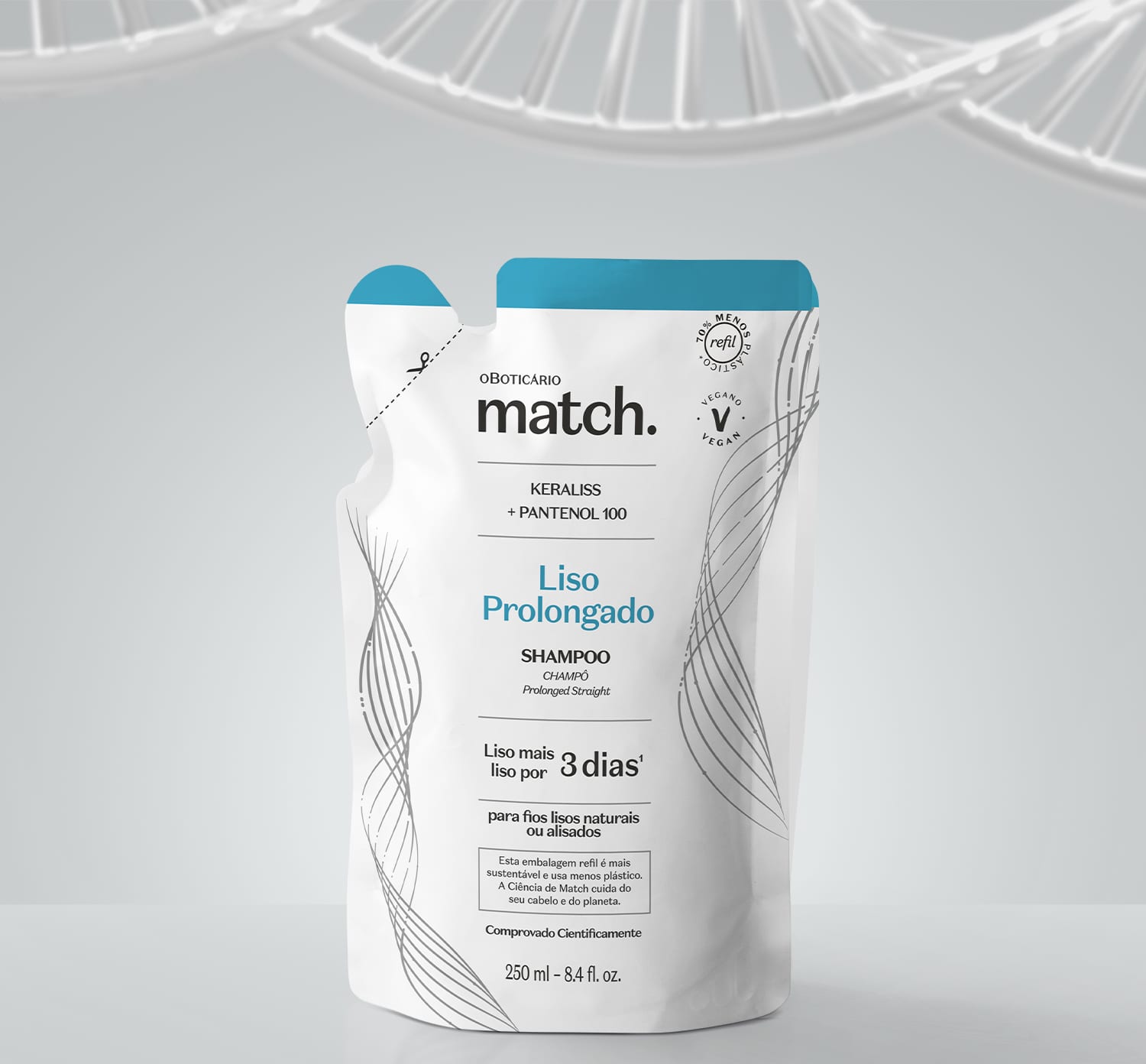 Refil de shampoo Match Liso Prolongado em sachê nas cores rosa e branca com letras pretas em fundo cinza.