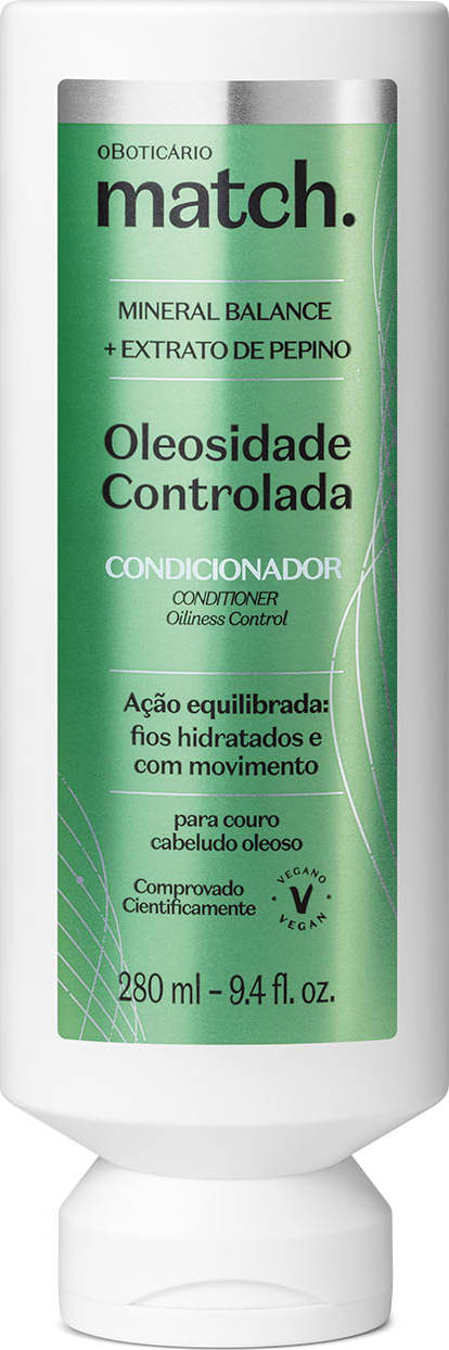Frasco branco com rótulo verde metalizado e letras pretas e brancas contendo 280ml de condicionador da marca Match Oleosidade Controlada.