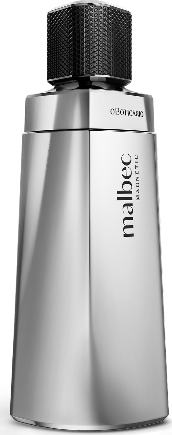 O produto apresentado é uma fragrância Malbec Magnetic. O frasco possui um design elegante e moderno, prateado e formato angular com tampa preta com um acabamento texturizado.