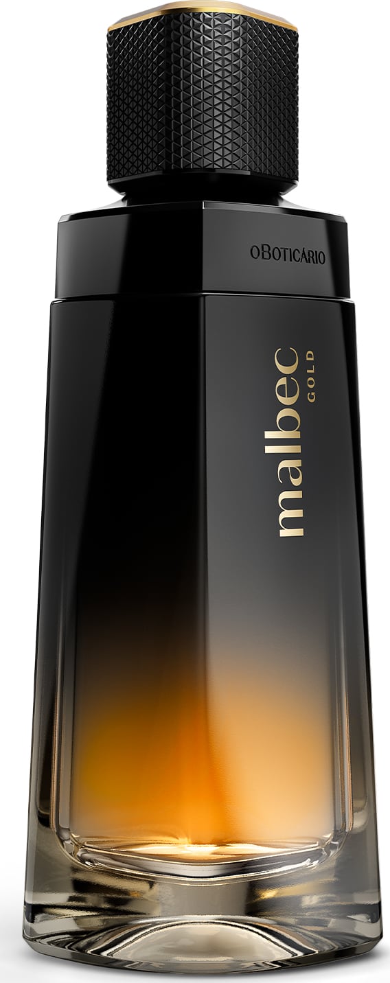 O produto apresentado é uma fragrância Malbec Gold. O frasco é em degradê de preto e dourado, com um design geométrico e tampa texturizada. O nome "Malbec Gold" vem gravado em letras douradas no vidro do produto.