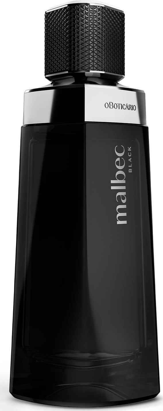 Fragrância da marca Malbec Black. O frasco é predominantemente preto, com um design geométrico e angular. O frasco possui uma tampa preta na parte superior, com um design também geométrico. A embalagem transmite uma imagem elegante e sofisticada.