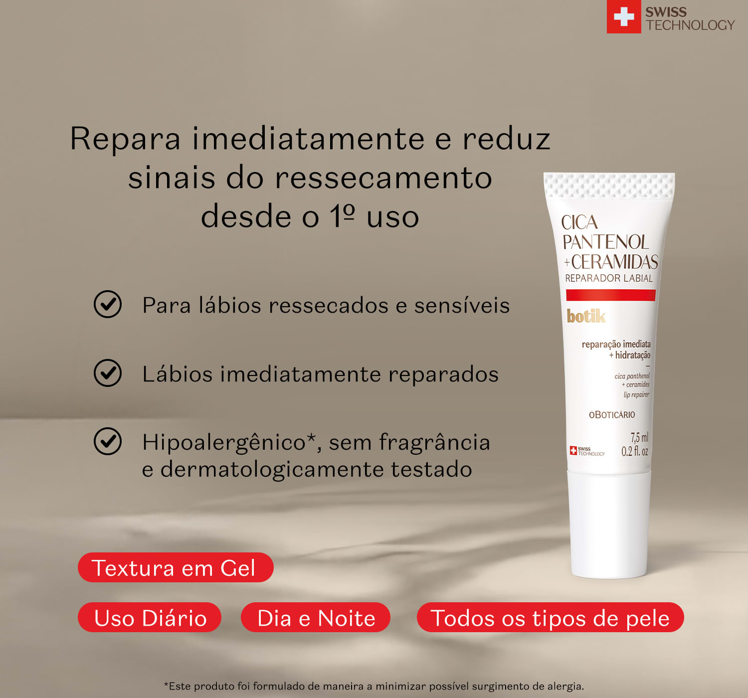 Tubo  branco com detalhe vermelho de reparador labial da marca Botik Cica Pantenol e Ceramidas em primeiro plano, sobre superfície bege com sombras suaves, e texto em letras pretas informando as características e benefícios do produto.