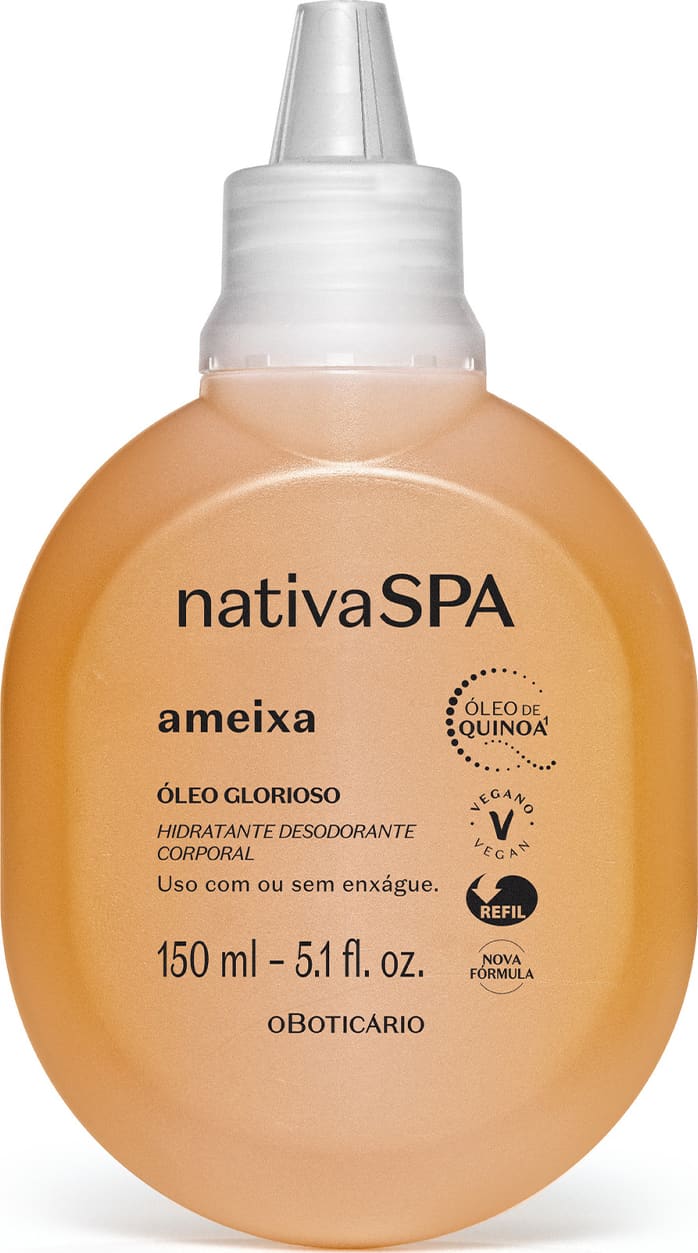 Imagem de uma embalagem refil na cor amarela com tampa branca e letras pretas contendo 150ml de óleo glorioso corporal da marca Nativa SPA Ameixa.