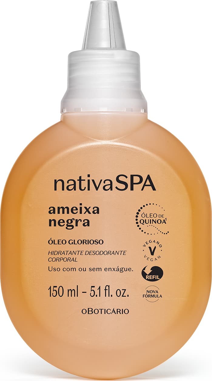 Imagem de uma embalagem refil na cor amarela com tampa branca e letras pretas contendo 150ml de óleo glorioso hidratante desodorante corporal da marca Nativa SPA Ameixa Negra.