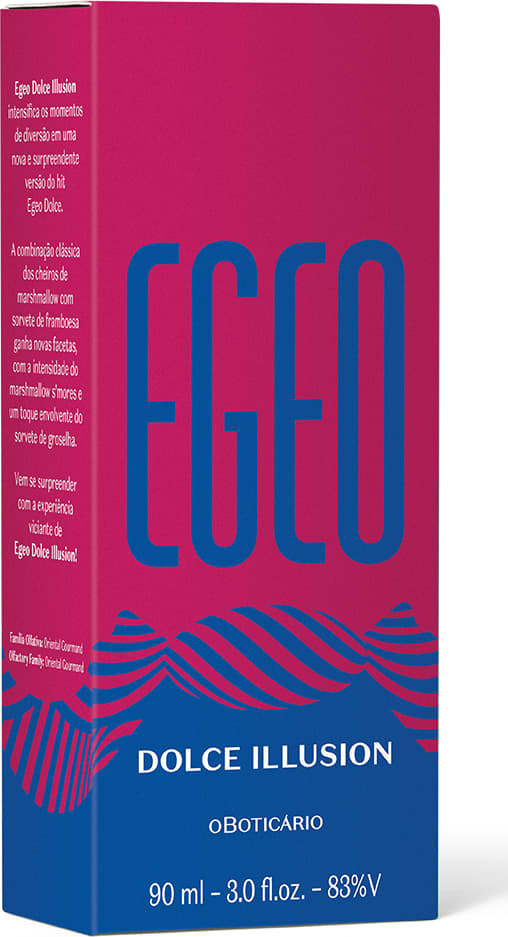 Imagem da caixa do desodorante colônia Egeo Dolce Illusion nas cores azul e rosa, com letras azuis e brancas. A embalagem traz um desodorante colônia de 90ml.