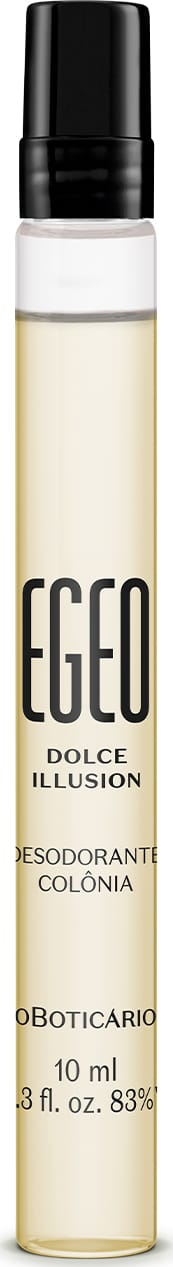 Imagem de um frasco cilíndrico de 10ml contendo desodorante colônia Egeo Dolce Illusion. A embalagem é transparente com líquido claro, e traz tampa e rótulo pretos.
