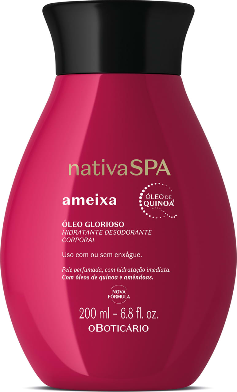 Imagem de um frasco de óleo glorioso hidratante corporal da marca Nativa SPA, na cor vermelha, com rótulo em letras brancas exibindo o nome "Ameixa" e informações sobre o produto.