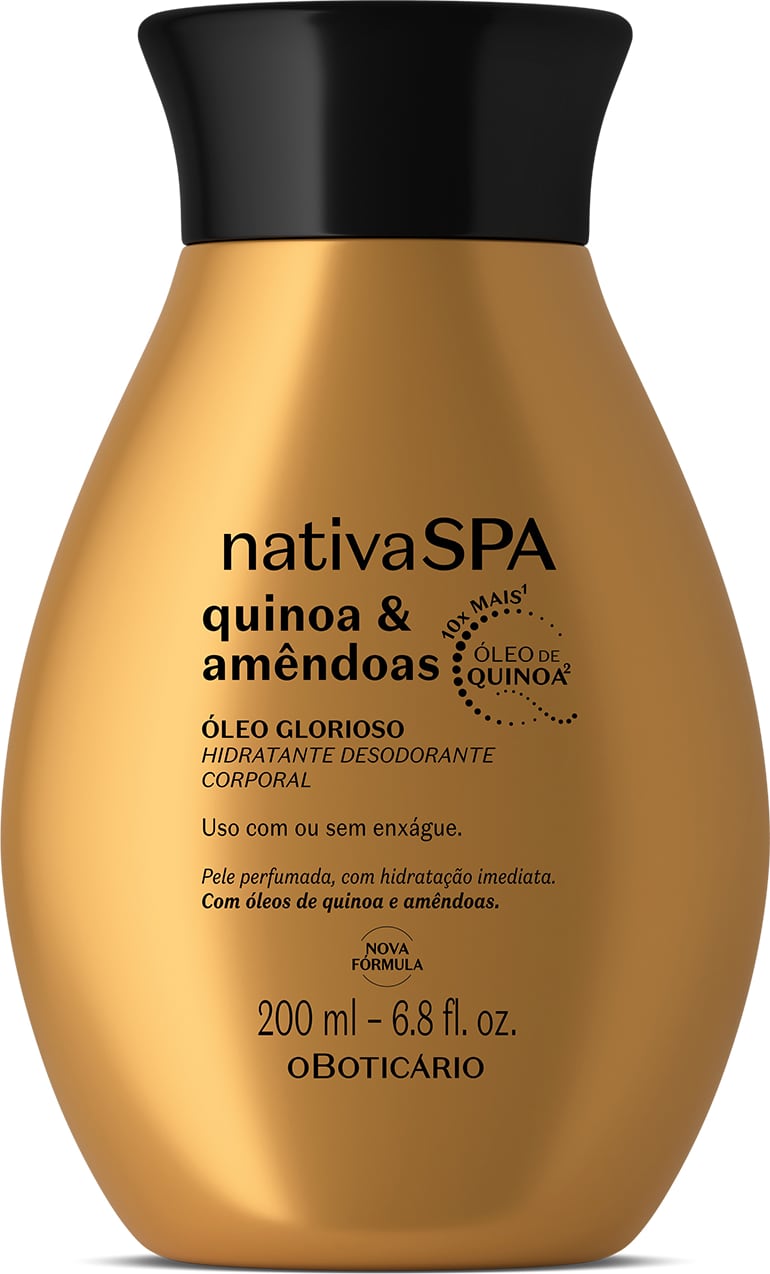 Imagem de um frasco de óleo glorioso hidratante corporal da marca Nativa SPA, na cor dourada, com rótulo em letras pretas exibindo o nome "Quinoa e Amêndoas" e informações sobre o produto.