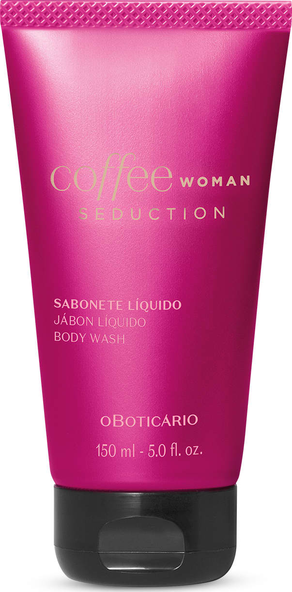 Frasco de sabonete líquido corporal da marca Coffee Woman Seduction, com embalagem rosa brilhante e tampa preta contendo 150ml do produto.