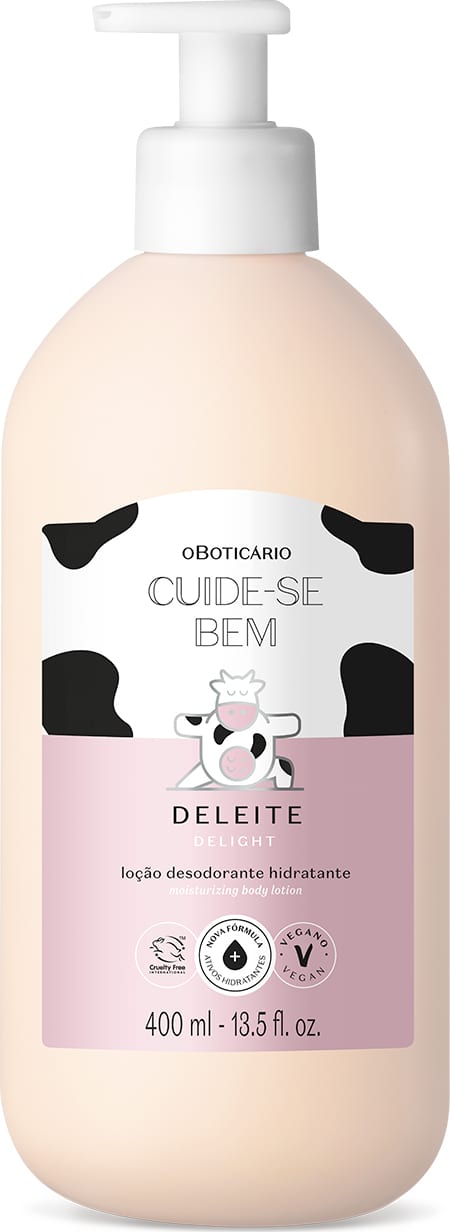 Frasco branco com bomba dosadora e rótulo branco e rosa com manchas pretas e ilustração de vaca contendo 400ml de loção hidratante corporal da marca Cuide-se Bem Deleite.