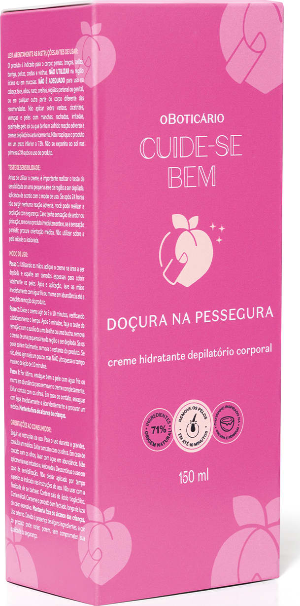 Caixa pink de creme hidratante depilatório corporal da marca Cuide-se bem Doçura na Pessegura com ilustrações de frutas.