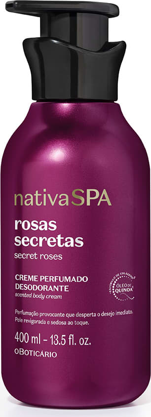 Frasco de creme perfumado desodorante da marca Nativa SPA, com rótulo em tom roxo e dourado, indicando o produto "Rosas Secretas". O frasco possui um design moderno com um dispensador preto na parte superior.