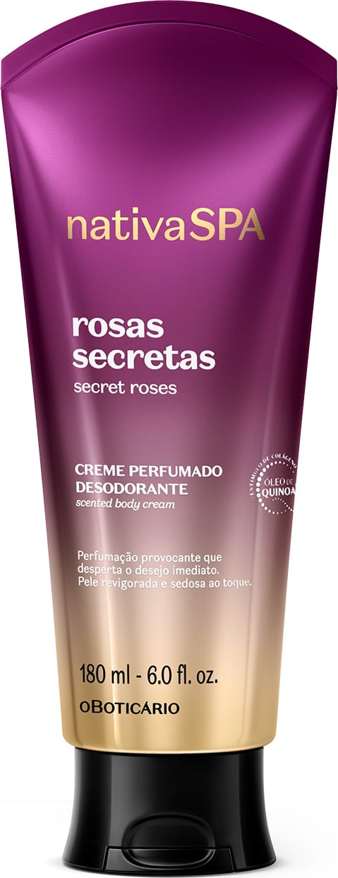 A imagem mostra uma bisnaga de creme corporal Nativa SPA Rosas Secretas. A embalagem traz um degradê que vai do roxo para o branco, tampa preta e as informações estão impressas em dourado, branco e preto.