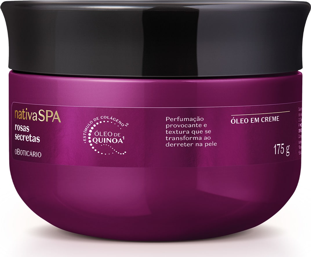 A imagem mostra um pote de óleo em creme da linha Nativa SPA Roas Secretas. A embalagem é toda roxa com tampa preta e informações sobre o produto impressas em letras brancas.