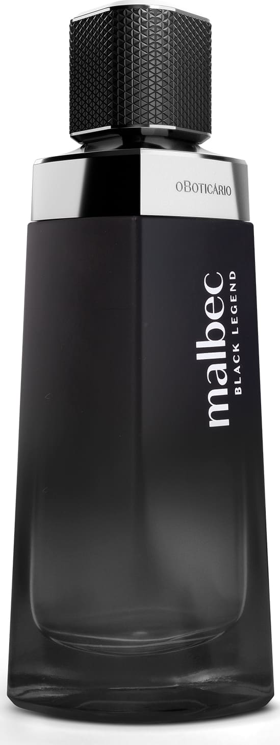 Imagem de um frasco de desodorando colônia preto com tampa preta e detalhes em prata. Rótulo com texto "Malbec Black Legend" em letras brancas. Formato retangular com superfície texturizada.