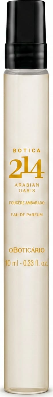 Frasco transparente com tampa preta de item de perfumaria da marca Botica 214, com letras escritas em dourado sobre a embalagem contendo os dizeres "Arabian Oasis" e a descrição "Fougère Ambarado".