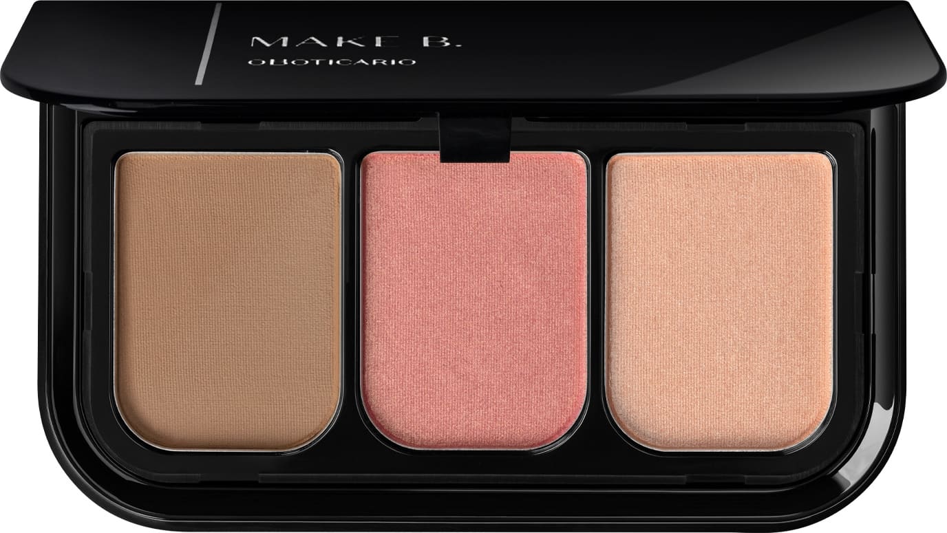 Imagem da paleta de maquiagem Make B. Pink Hit com três tons de blush compacto em cores bege, rosa e dourado, em embalagem preta com logotipo da marca.