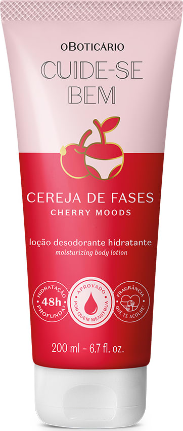 Imagem de frasco de loção corporal hidratante da marca Cuide-se Bem Cereja de Fases, com rótulo rosa e vermelho. O produto possui uma ilustração de uma cereja vermelha e texto descritivo em português.