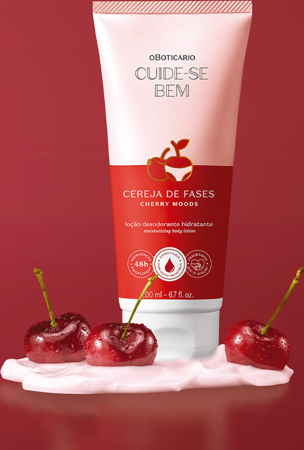 Imagem de frasco de loção corporal hidratante Cuide-se Bem Cereja de Fases, com rótulo rosa e vermelho. O produto possui uma ilustração de uma cereja vermelha e está em um cenário com fundo na cor vinho. Há um creme branco e cerejas frescas na superfície.