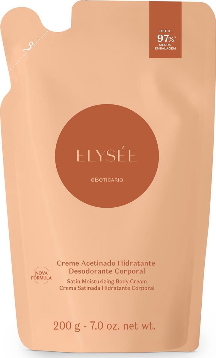 Imagem de um refil de creme hidratante desodorante corporal da marca Elysée, em embalagem de sachê com predomínio de tons de laranja e marrom, contendo informações sobre a fórmula e o volume do produto.
