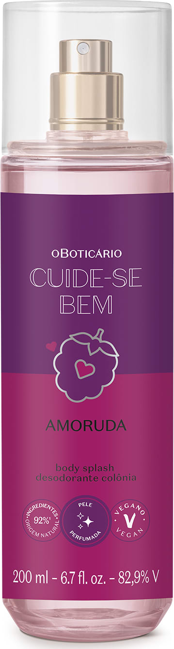 Frasco transparente com líquido lilás em formato cilíndrico com rótulo roxo com amoras ilustradas contendo 200ml de body splash Cuide-se Bem Amoruda.