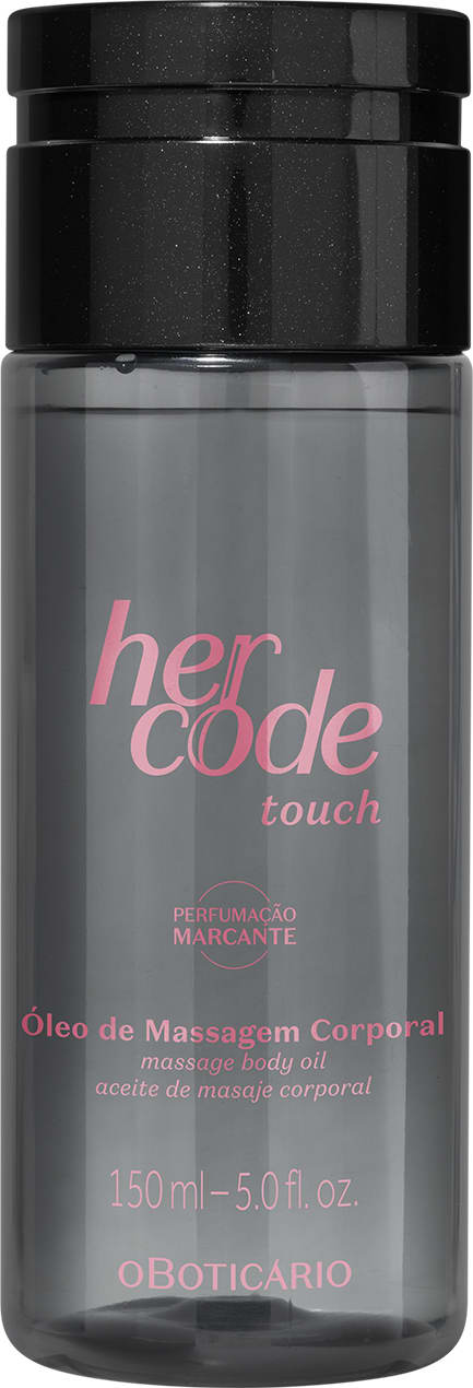 Frasco transparente cinza com líquido claro, tampa preta e letras douradas contendo 150ml de óleo de massagem corporal da marca Her Code Touch.
