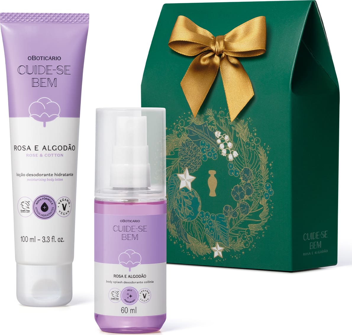 Conjunto de produtos de beleza da marca Cuide-se Bem, incluindo um desodorante hidratante em tubo de 100 ml na cor lilás e um frasco de 60 ml do mesmo produto, embalados em uma caixa verde com laço dourado e decoração floral.