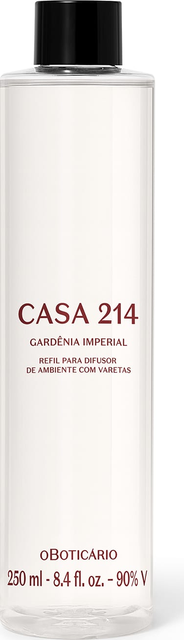 Imagem de um frasco transparente, tampa preta e rótulo com texto "CASA 214 GARDÊNIA IMPERIAL" em marrom, contendo 250 ml de fragrância para difusor de ambiente.