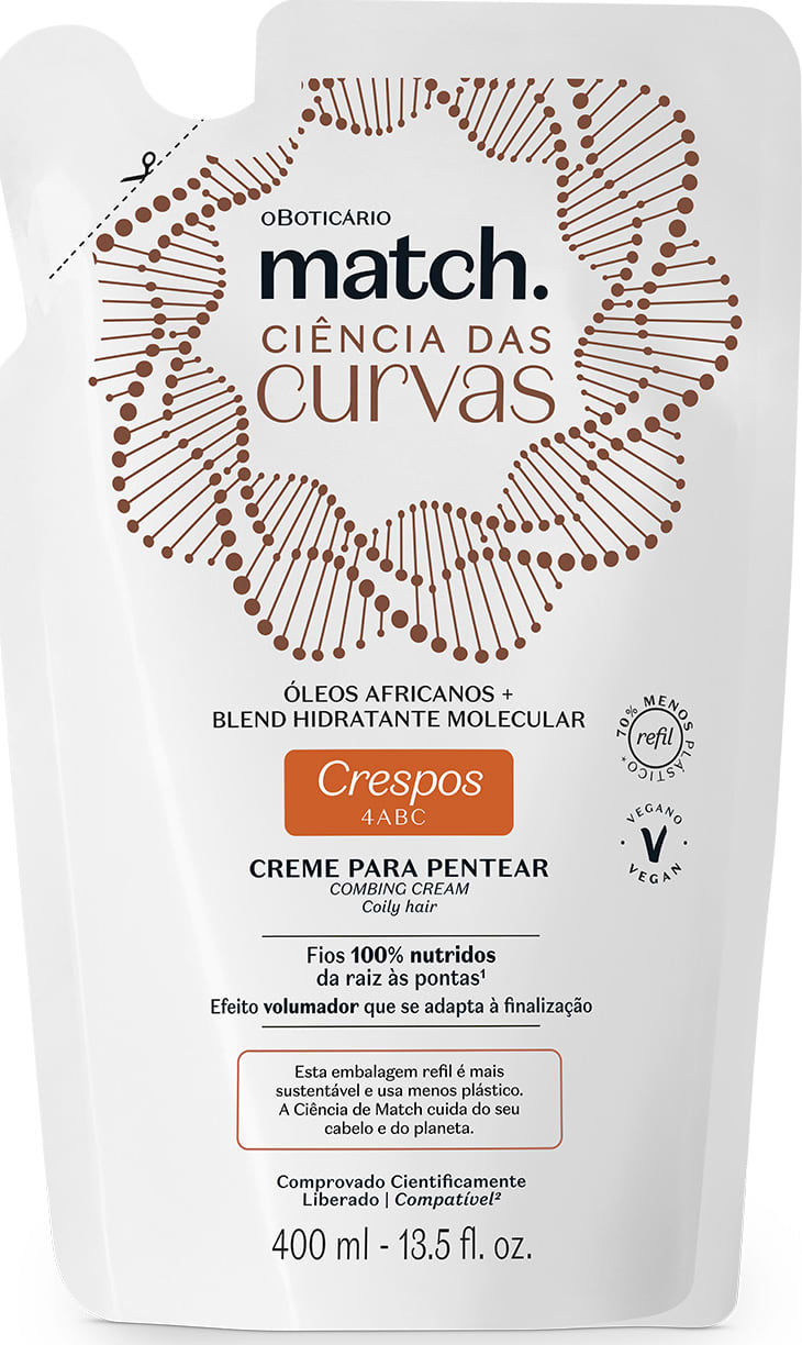 Imagem de embalagem refil branca de creme para pentear da marca Match, com design de círculos e linhas em marrom, informando "Ciência das Curvas" e "Crespos 4ABC" no rótulo.