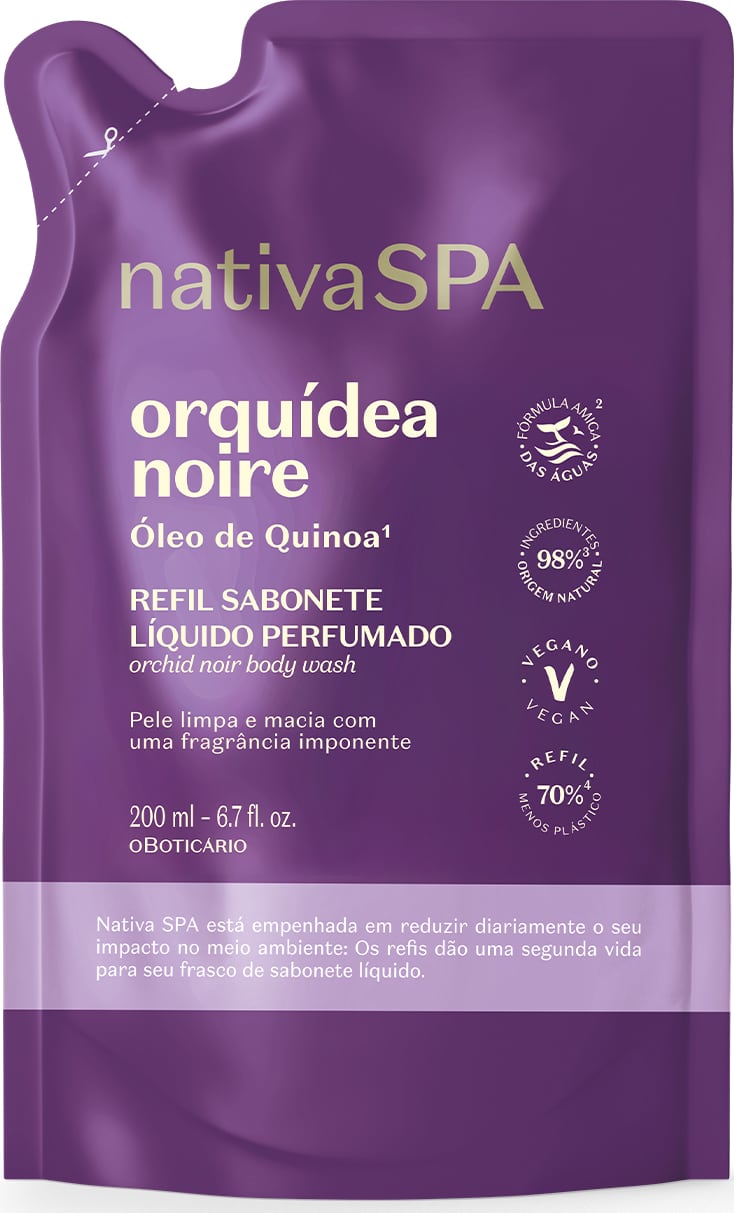 Imagem de um refil de sabonete líquido perfumado da marca Nativa SPA Orquídea Noire, com embalagem flexível de 200ml de cor roxa e texto em amarelo informando a fragrância e o ingrediente principal.