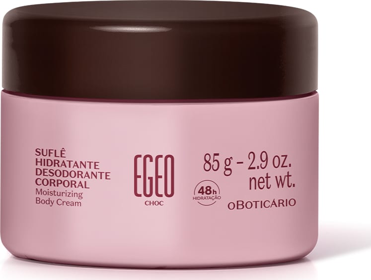 Imagem de um pote rosa com tampa e informações no rótulo na cor vinho contendo 85g de suflê hidratante corporal da marca Egeo Choc.