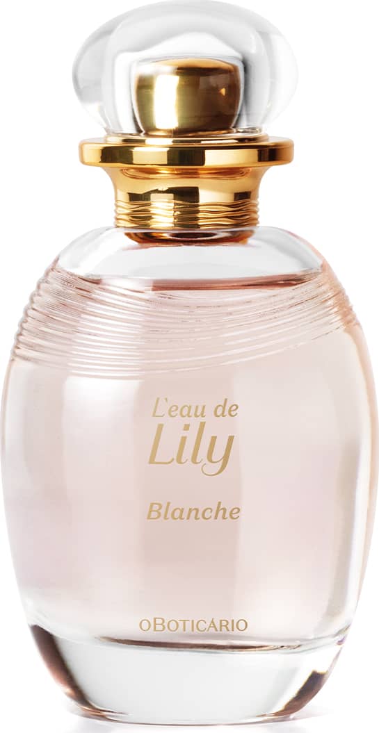 Frasco de vidro transparente em formato oval com líquido rosa e tampa dourada contendo desodorante colônia da marca L'eau de Lily Blanche, com rótulo em letras douradas.