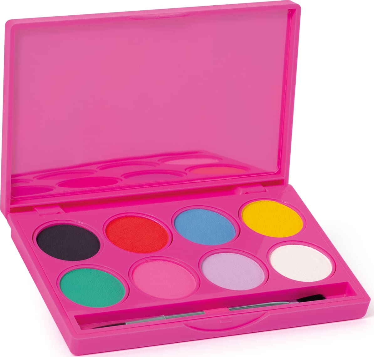 Paleta de maquiagem multifuncional com embalagem rosa e 8 tons vibrantes de maquiagem, espelho na tampa e pincel aplicador.