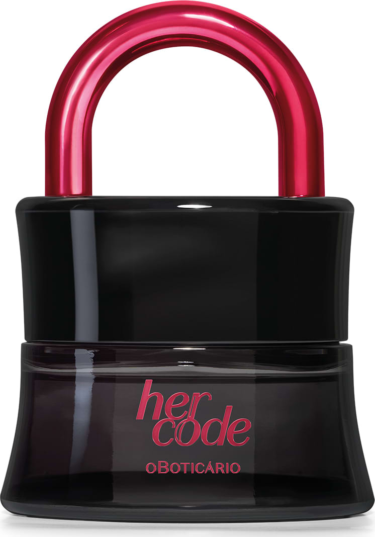 Imagem de um vidro preto em formato de cadeado com arco rosa metalizado, contendo 50ml de Eau de Parfum Her Code Clímax.