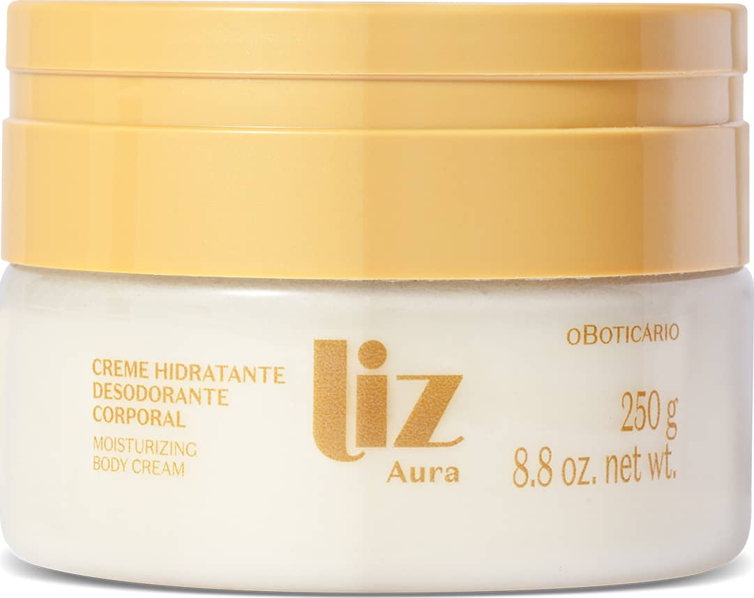 Pote transparente de creme hidratante corporal da marca Liz Aura, com creme branco, tampa dourada e rótulo em dourado, contendo 250g do produto.