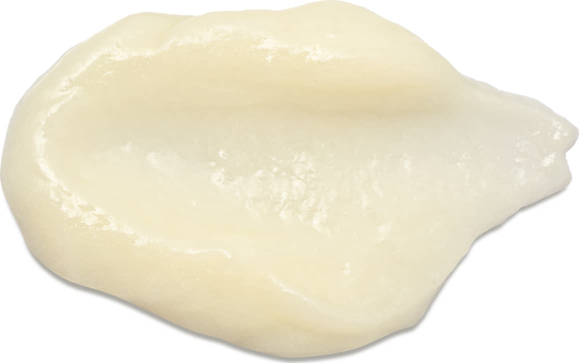 Textura cremosa e brilhante, com aparência suave e sedosa. Cor predominante é um tom amarelo pálido, característico do creme hidratante corporal da marca Liz Aura.