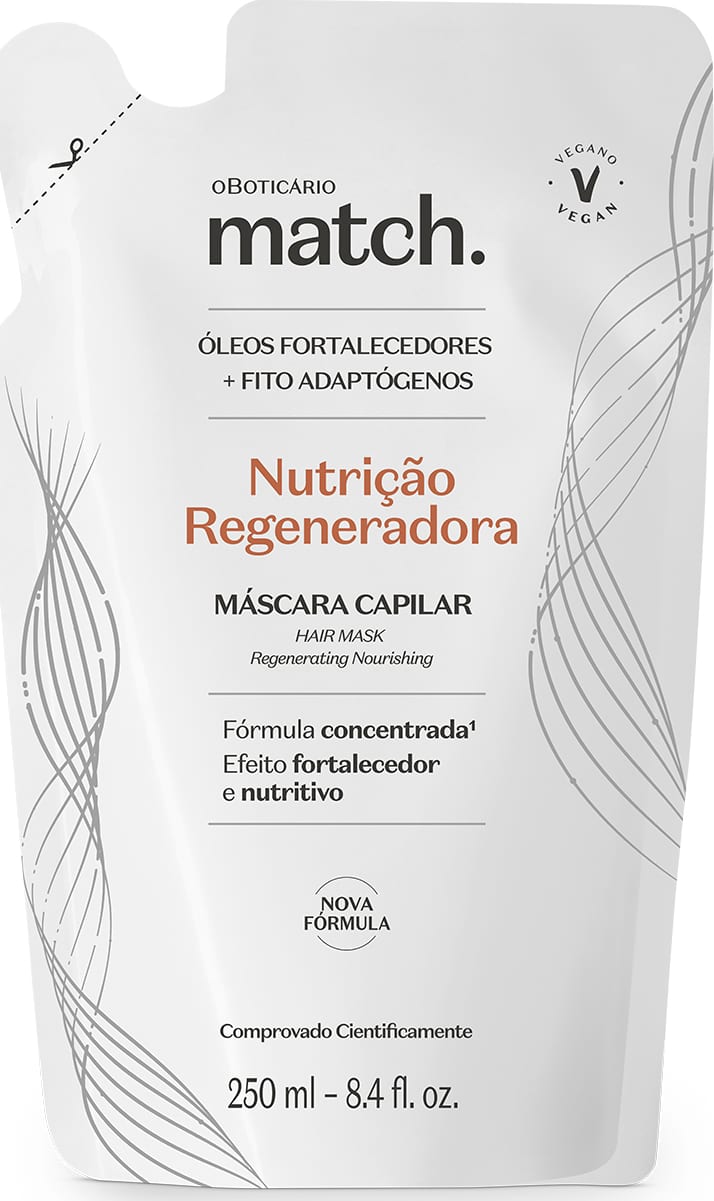 Imagem de um refil de máscara capilar da marca Match. Nutrição Regeneradora, em formato de sachê branco com detalhes em preto, contendo informações sobre nutrição regeneradora e fórmula concentrada para fortalecimento e nutrição dos cabelos.