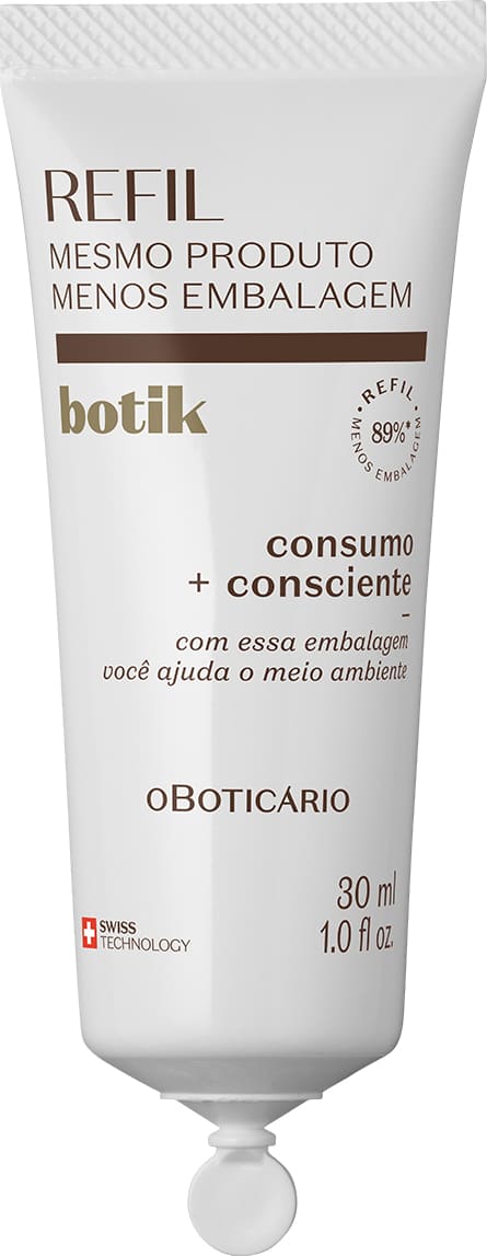 Imagem de um refil de sérum de alta potência da marca Botik Ácido Hialurônico com texto em letras marrom.