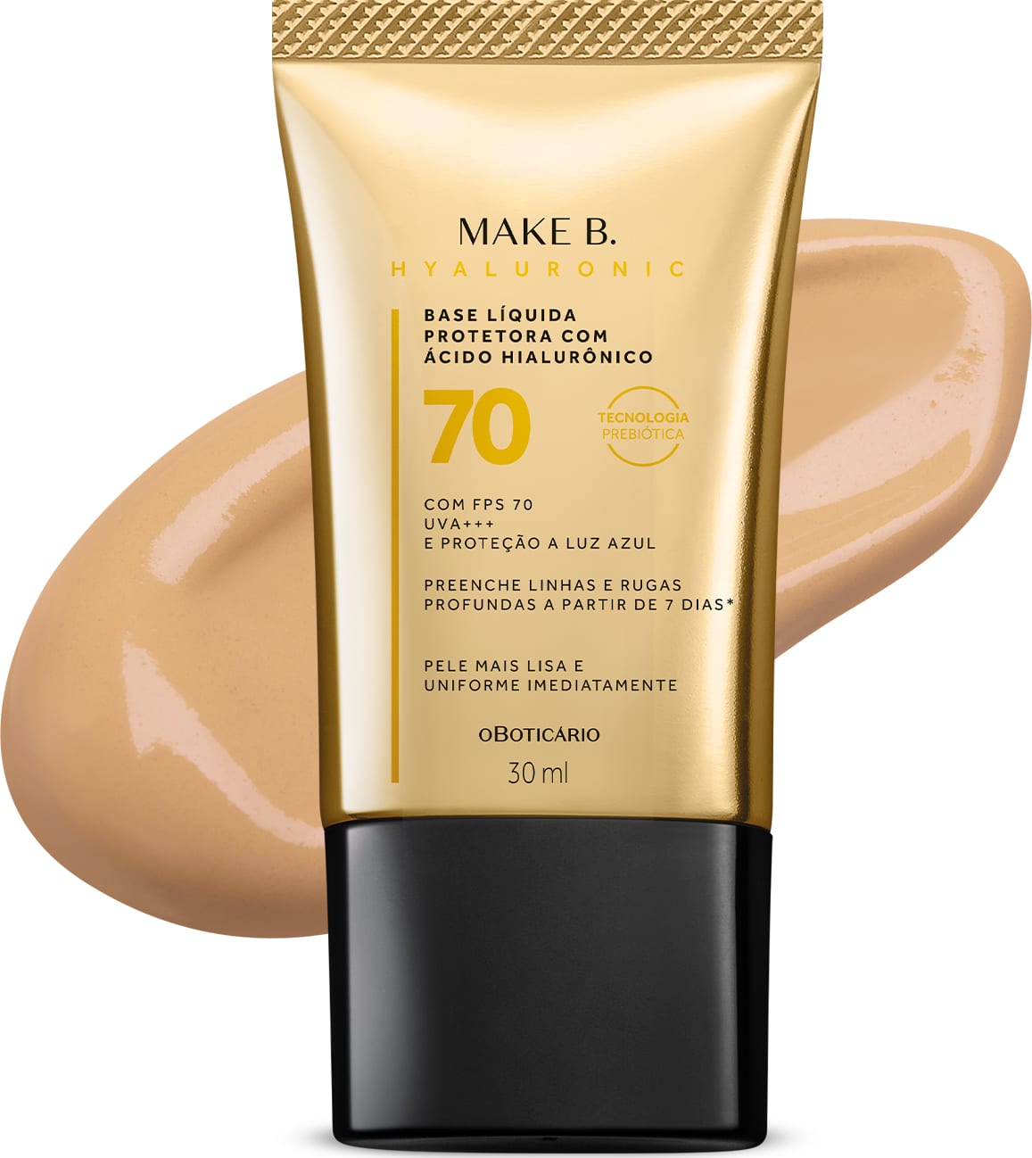 Imagem do tubo de base líquida protetora Make B. Hyaluronic Cor 15. Ele é dourado, possui tampa preta e informações em letras pretas e laranja. Atrás da embalagem está a textura do produto, mostrando sua intensidade e a real cor da base.