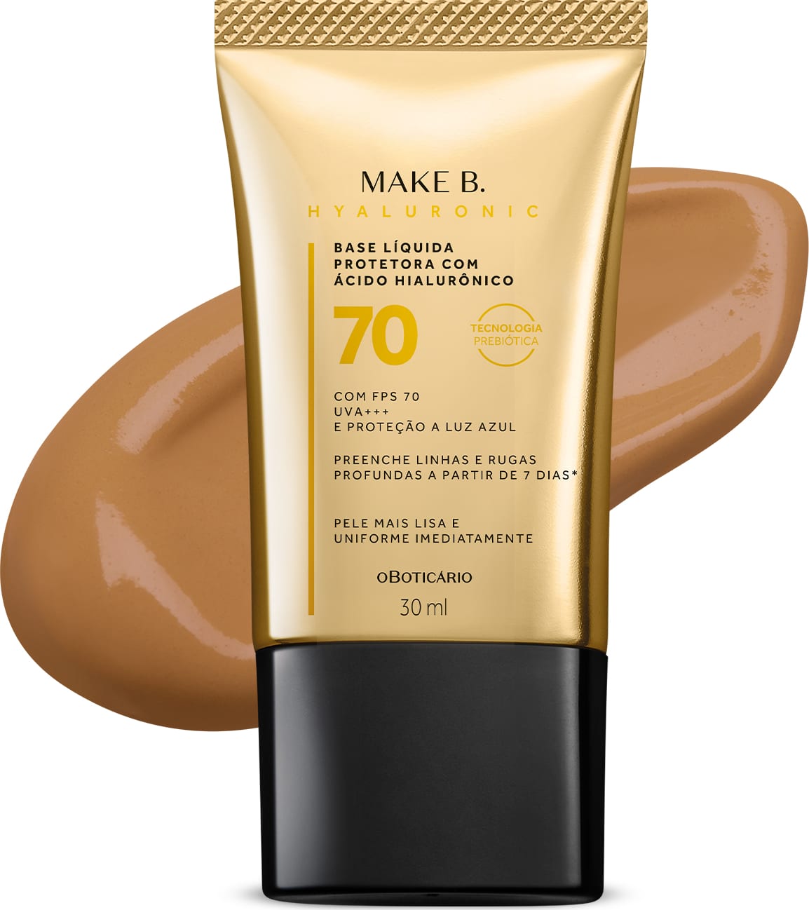 Imagem do tubo de base líquida protetora Make B. Hyaluronic Cor 60. Ele é dourado, possui tampa preta e informações em letras pretas e laranja. Atrás da embalagem está a textura do produto, mostrando sua intensidade e a real cor da base.