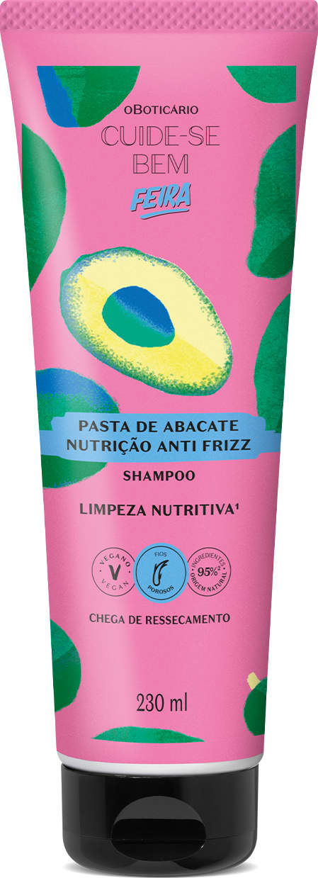 Imagem de uma bisnaga roxa com imagem de abacate e tampa preta contendo 230ml de shampoo da marca Cuide-se Bem Pasta de Abacate.