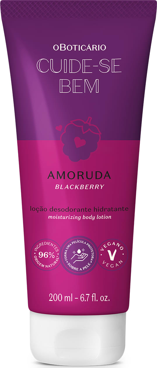 Frasco de loção corporal hidratante da marca Cuide-se Bem Amoruda, na cor roxa e branca, com rótulo contendo ilustração de amoras. O produto é apresentado em embalagem de 200 ml.