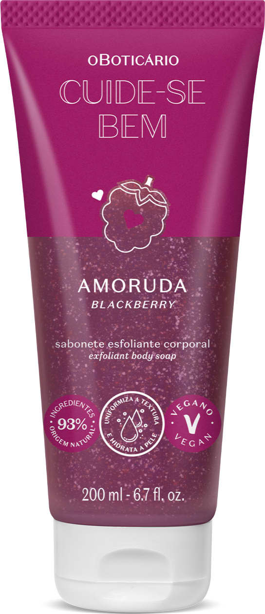 Frasco roxo com ilustração de amora e tampa roxa contendo 200ml de loção hidratante corporal da marca Cuide-se Bem Amoruda.