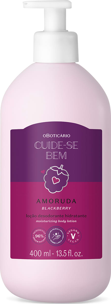 Frasco branco e rótulo roxo com ilustração de amora contendo 400ml de loção hidratante corporal da marca Cuide-se Bem Amoruda.