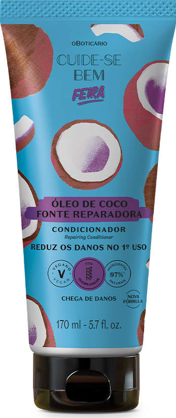 Imagem do condicionador de cabelos em bisnaga azul com ilustrações de coco e tampa preta, rótulo com marca Cuide-se Bem Feira e texto sobre óleo de coco e reparação.