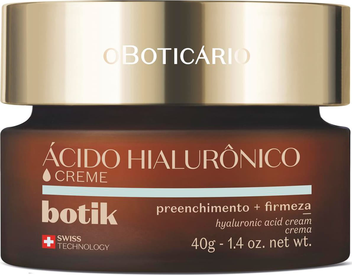 Imagem de pote de creme facial com ácido hialurônico da marca Botik, com embalagem e rótulo na cor vinho e tampa dourada, apresentando informações sobre preenchimento e firmeza da pele impressas em letras douradas.
