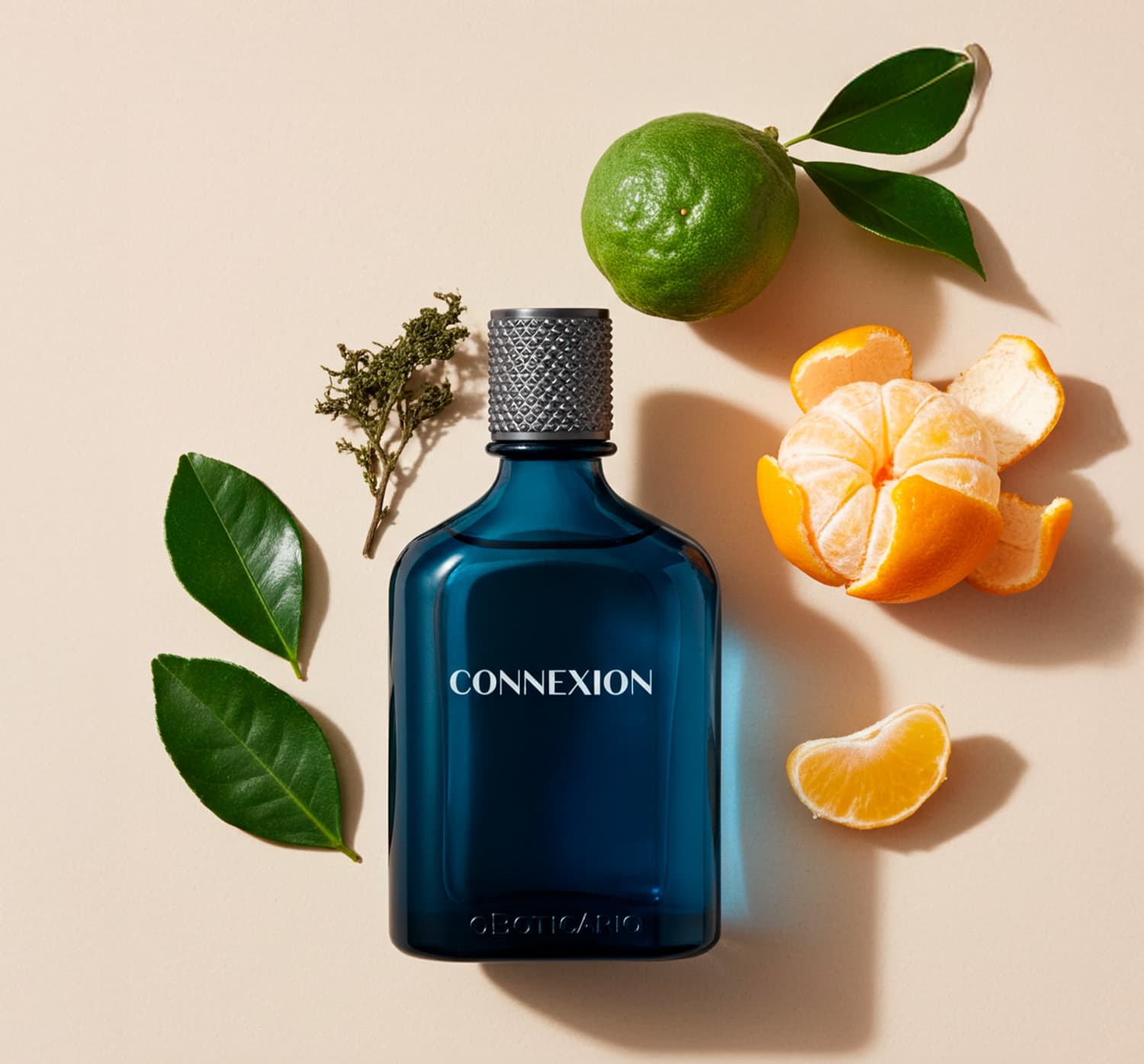 Imagem de um frasco azul-marinho de desodorante colônia da marca Boticollection Connexion em fundo bege, com folhas verdes e bergamotas abertas e fechadas ao redor, criando um cenário natural e aromático.