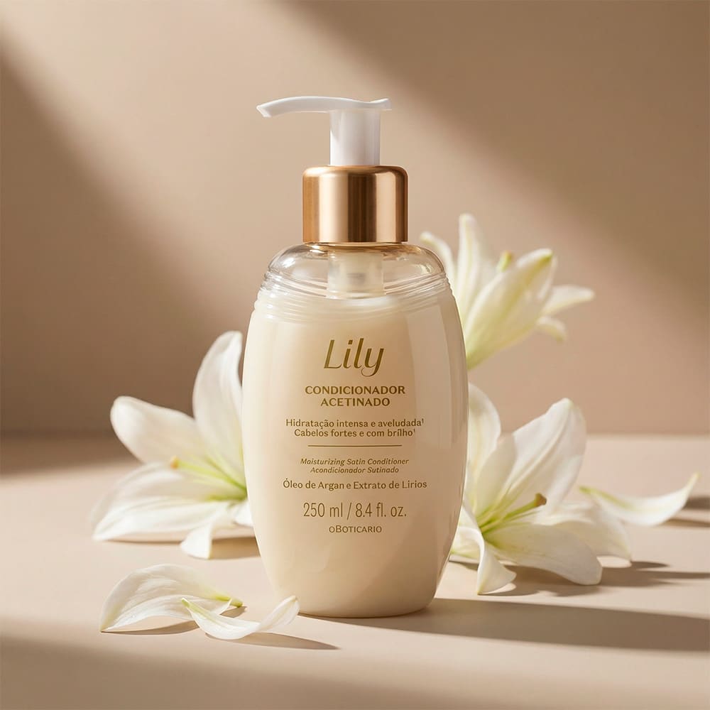 Imagem de frasco de condicionador Lily, com embalagem e bomba dosadora brancas, O rótulo e os detalhes são dourados. Há flores brancas atrás do produto e o fundo é claro com sombreado. Sugere um produto elegante para cuidados pessoais.